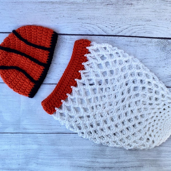 Cute crochet Basket ball photo prop (hat and hoop cocoon), Handmade baby shower gift, Halloween costume. Custom sizes& colors available.