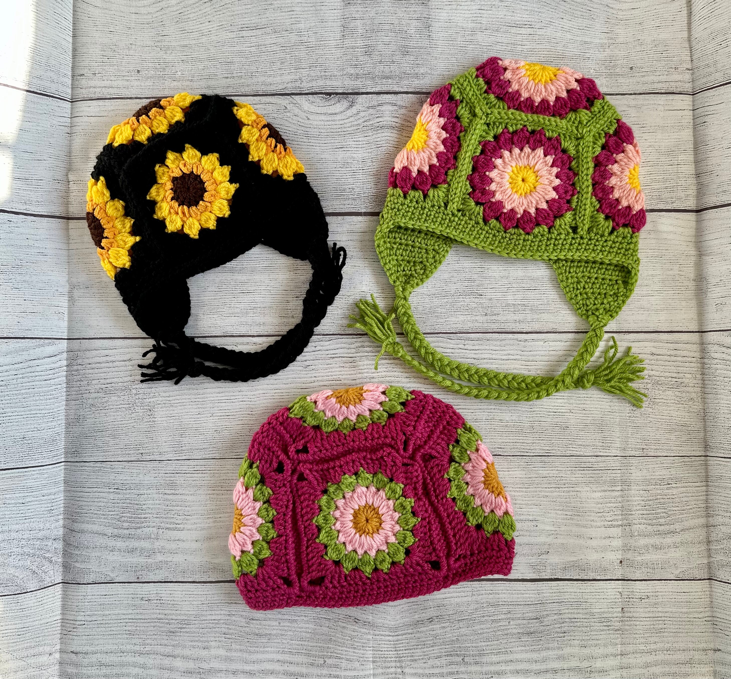 Handmade Pink Knit Beanie  Crochet Flower Patch Grannycore Floral Grannysquare Crochet Flower Hat Tutorial | Step by Step Crochet Granny  main image 3