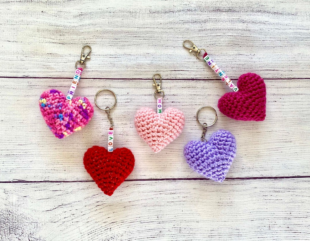Crochet Heart Keychain, Acrylic Yarn Amigurumi Charm, Personalized