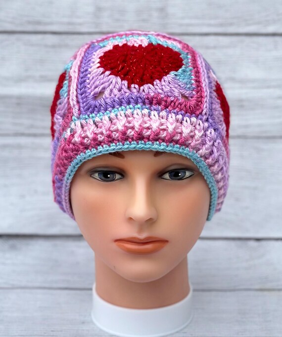Valentines Chunky Granny Square Beanie, Handmade By Me, Ask About Custom how to: crochet granny square heart hat (valentines crochet  main image 3
