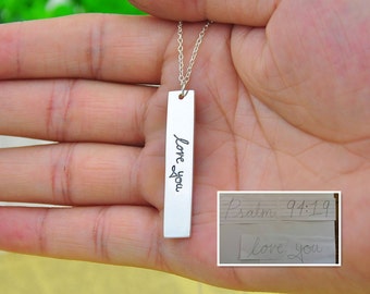 Bar Necklace Handwriting Engraved Tag, Sterling Silver Personalized Vertical Bar Necklace Signature, Words Memory Jewelry