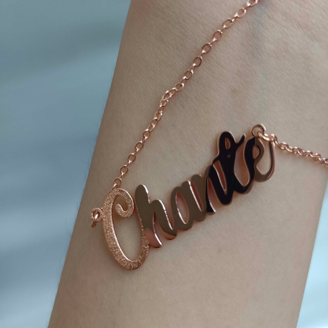 Personalized 14K Gold Plated Glitter Name Plate Chain Necklace – Any Name/Color, 18" Figaro Chain, Made In USA