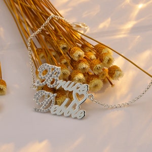 Pulsera personalizada con nombre de pareja para ella, pulsera con letras de diamantes, pulsera con 2 nombres, pulsera con placa de identificación personalizada en plata de ley 925, regalo para mamá