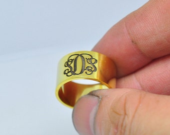 Gold Monogrammed Ring, Personalized Engraved Initial Wide Band, Hand Stamp Letter, Retro Unisex Jewelry, Christmas Gift
