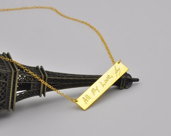 Bar écrite à la main or, personnalisé gravé collier, bijoux de mémoire écriture Signature pendentif, personnalisé, cadeau de Noël