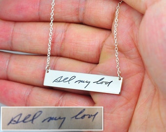 Barra personalizada de prata esterlina, colar com placa de identificação personalizada, colar com nome personalizado, colar com caligrafia real em memória