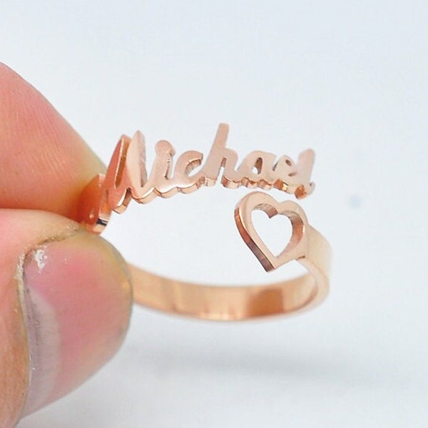 Rose Gold Heart Name Ring Personalized Spiral Style Name Customized Ring, Pretty Ring for Women Girl Christmas Gift