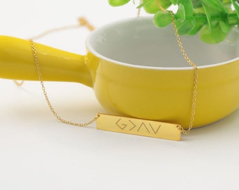 God Is Greater Than The Highs And Lows Necklace, Gold Bar Engraved Symbol, Custom Pendent, Christmas Gift