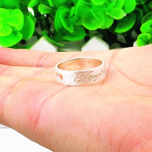 Scrub Silver Ring, Engraved Name Ring, Heart Cut Out Band, Design Her Ring, Personalized Name Ring, Rustic Ring, Christmas Gift