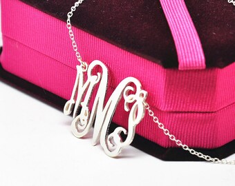 Colar com monograma em prata esterlina, pingente personalizado com 3 iniciais, colar com placa de identificação, qualquer nome personalizado, presente de formatura elegante