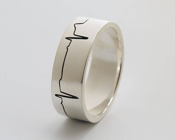 Personalized Heart Beat Ring Engraved, 6mm Sterling Band