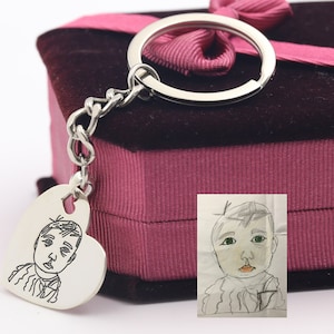 Engrave Portrait Keychain,Custom Drawing Heart Key Chain,Personalized Hand Written Memory Jewelry,Family Christmas Gift,Photo Art Design