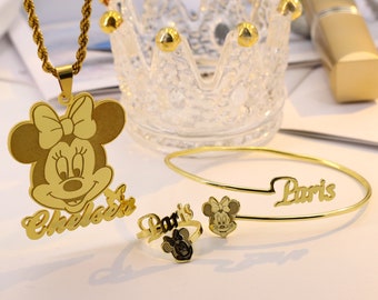 Cute Baby Minnie Mouse Jewelry Set, Custom Jewelry for Kids, Personalized Character Necklace, Nameplate Pendant, Adjust Bracelet, Name Ring