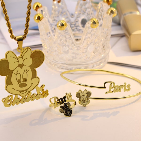 Cute Baby Minnie Mouse Jewelry Set, Custom Jewelry for Kids, Personalized Character Necklace, Nameplate Pendant, Adjust Bracelet, Name Ring