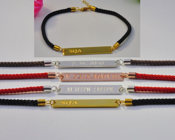 Sterling Bar Bracelet,Nylon Rope Chain,Personalized Initial Engraved Bar,Latitude Longitude Plate Bar,Roman Numberal Bracelet,Custom Gift