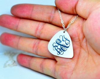 Sterling Silver Guitar Pick Necklace, Personalized Monogram Necklace, Engraved 3 Initial, Custom Letter, Nameplate Jewelry, Christmas Gift