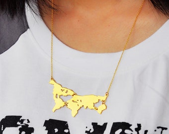 Gold World Map Necklace, Personalized World Continent Connected Necklace, Custom Any map, Statement Necklace,1 World in Memory Jewelry