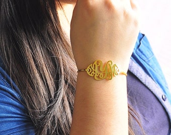 Gold Monogram Bangle, Personalized 3 Initial, Nameplate Bracelet, Customized letter Bangle, Bridesmaid Bangle, Mother's Gift, Retro Jewelry