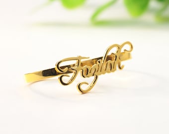 Gold Double Finger Ring, Custom Name Ring, Personalized Nameplate Ring, Hip Hop Ring, Font Choose