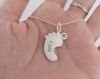 Custom Baby Foot Necklace for Mom, Personalized Name Pendant with Birthstone, Memory Baby Necklace, Sterling Silver Necklace, Birthday Gift