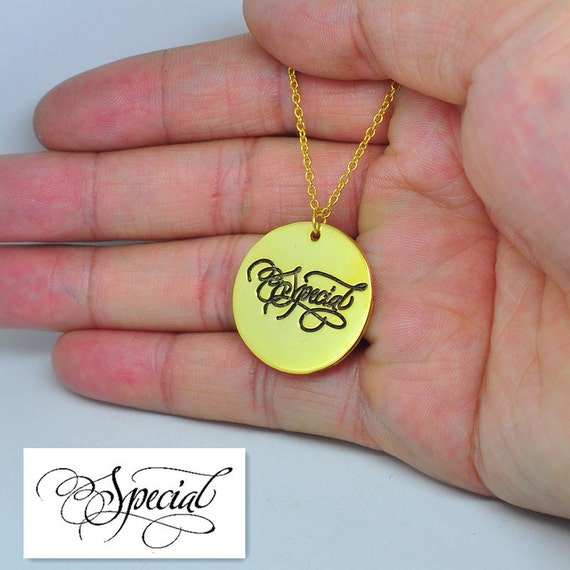Gold Disc Necklace, Engraved Signature Necklace, Personalized Name
