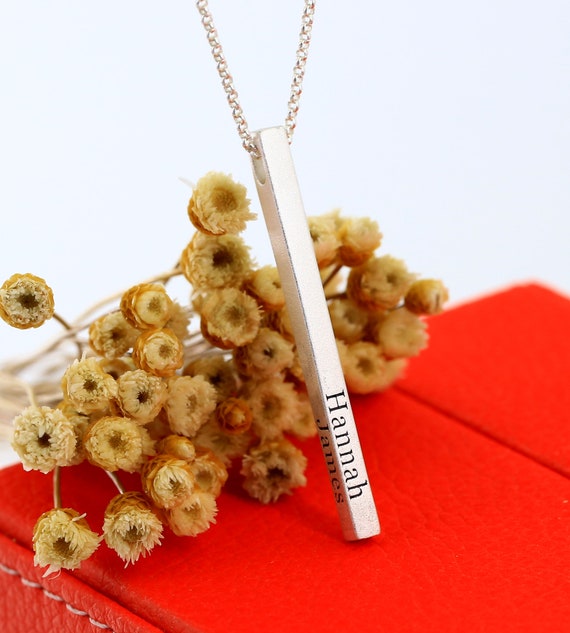 925 Silver Vertical Bar Necklace, Engraved Name Necklace