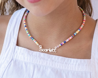 Soft Pottery Colorful Chain, gifts for kids girls ,Name Necklace, Rainbow Color Clay Kids Personalized Nameplate Necklaces, Christmas Gifts