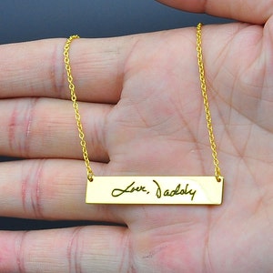 Engraved Signature Gold Bar, Personalized Hand Stamp Handwriting Necklace, Custom Nameplate Necklace, Memorial Jewelry