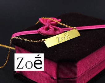 Signature gravée Gold Bar, personnalisé nom timbre Bar, écriture collier, personnaliser femmes, bijoux, bijoux Memorial, cadeau de Noël