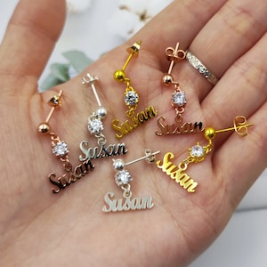 Custom Name Earrings, Dangle Diamond Personalized Name Earrings Set, 925 Silver Nameplate Earring,Dainty Women Inital Earring Gift