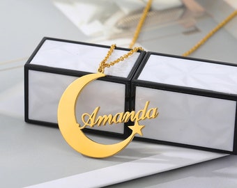 Moon Star Personalized Name Necklace, Moon Pendant Necklace Custom Name, Mom Gift Necklace, Christmas Gift,Crescent Moon Necklace Women Girl