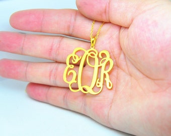 Classy Monogram Necklace Golden Plated, Personalized 3 Initial Vermeil Pendent, Custom Nameplate Jewelry, Christmas Gift