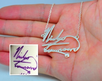Sterling Silver Signature Name, Personalized Handwriting Charm Necklace, Custom Nameplate Pendent, Keepsake Memory Jewelry