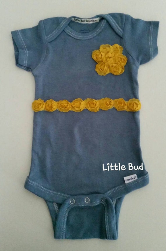 Items similar to Baby Girl Onesie with Flowers, Denim Onesie with