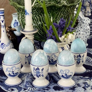 Set of 6 Delft Blue Egg Cups | Vintage Holland Blue White Windmill Pottery | Cottage Farmhouse Kitchen Decor | Easter Table Setting
