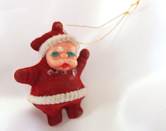 Vintage Plastic Christmas Ornament, Small Flocked Waving Santa Claus Christmas Ornament