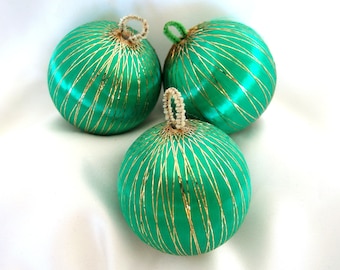 3 Vintage Green Satin Christmas Ornaments Wound with Gold Metallic Thread