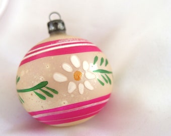 Vintage Christmas Ornament, Daisies on Matte White with Pink Stripes Ornament