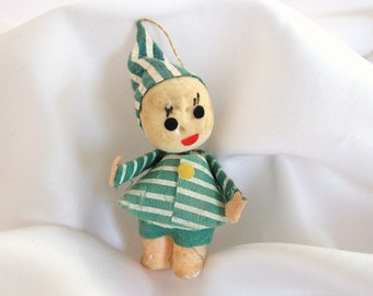 Vintage Christmas Ornament, Green and White Striped Flocked Baby Elf, Japan Snowbaby