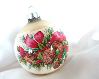 Large Vintage Christmas Ornament, Pinecones and Bows USA Holiday Ornament
