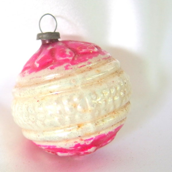 Vintage Christmas Ornament, Hot Pink and White Japan Holiday Ornament