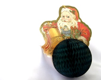 Vintage Die Cut Christmas Ornament, Die Cut Santa with Honeycomb Ball
