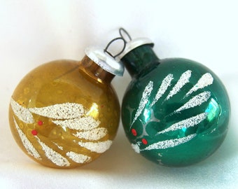 2 Feather Tree Vintage Christmas Ornaments, Gold and Green Holiday OrnamentStripes