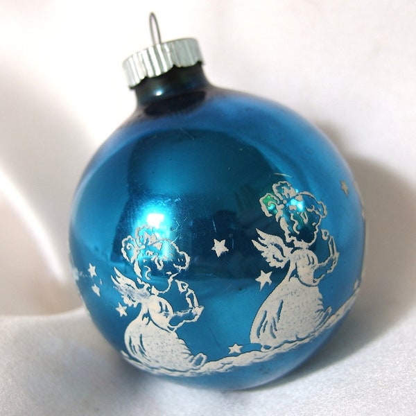 Vintage Shiny Brite Christmas Ornament, White Stenciled Angels on Blue Ornament