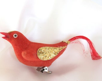 Vintage Christmas Ornament, Small RedBird with Gold Glitter Clip On Ornament