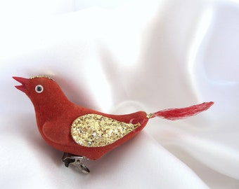 Vintage Christmas Ornament, Small Red with Gold Glitter Clip On Bird Ornament