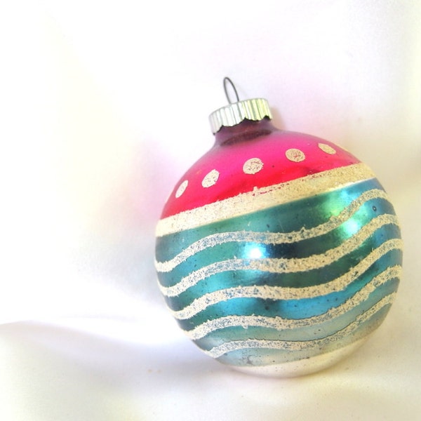 Vintage Shiny Brite Christmas Ornament - Hot Pink and Blue with White Mica Ornament