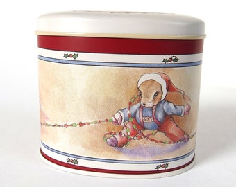 Vintage 1984 Christmas Tin from Enesco, Mouse Mary and Baby Jesus, Children at Play