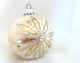 Vintage Christmas Ornament, White  and Gold with Silver Glitter and Jewel Star Glass Bauble from West Germany