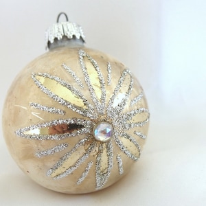 Vintage Christmas Ornament, White and Gold with Silver Glitter and Jewel Star Glass Bauble from West Germany